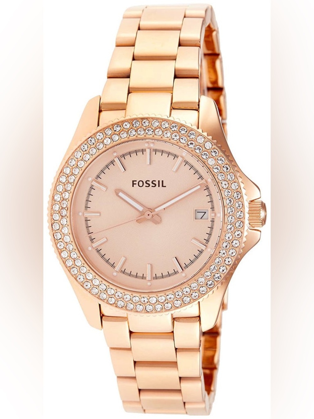 Fossil Women's Rose Gold-tone Crystal Bezel Bracelet Watch